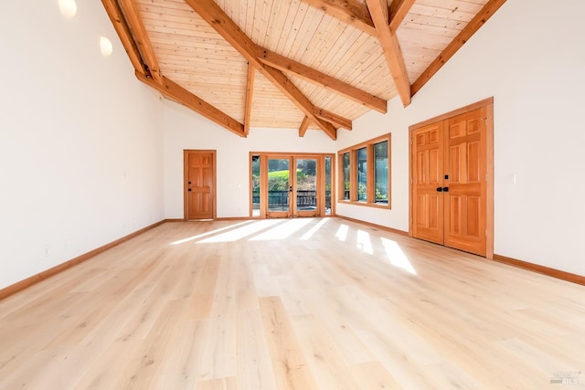 unfurnished living room featuring light wood-style floors, beamed ceiling, wood ceiling, french doors, and baseboards
