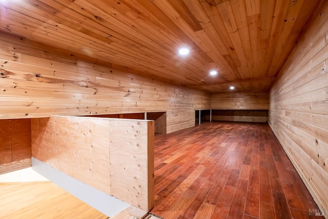 bonus room featuring hardwood / wood-style flooring, wood ceiling, wooden walls, recessed lighting, and a sauna