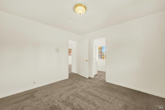 carpeted spare room with crown molding and baseboards