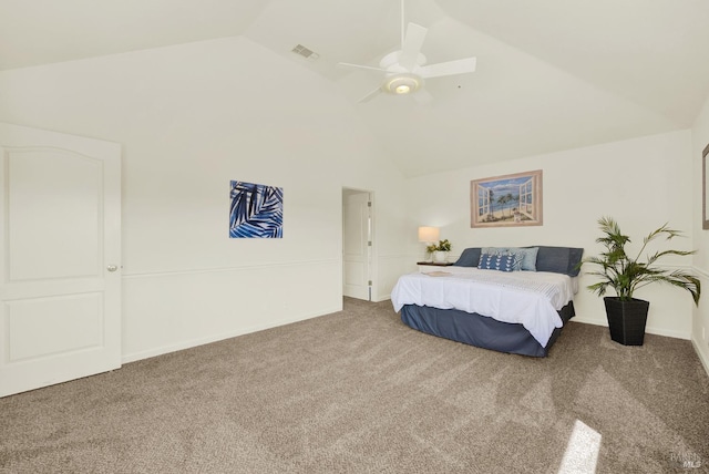 carpeted bedroom with a ceiling fan, high vaulted ceiling, visible vents, and baseboards