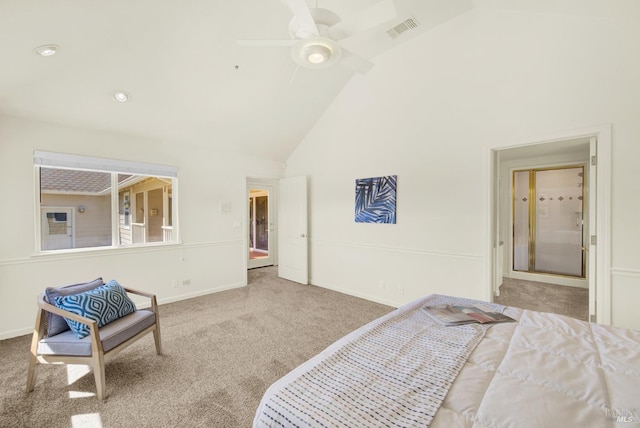 bedroom with ceiling fan, visible vents, high vaulted ceiling, baseboards, and carpet flooring