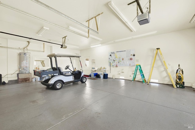 garage with a garage door opener and gas water heater