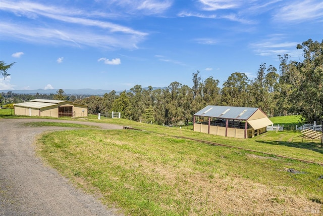 view of yard with a rural view and an outbuilding