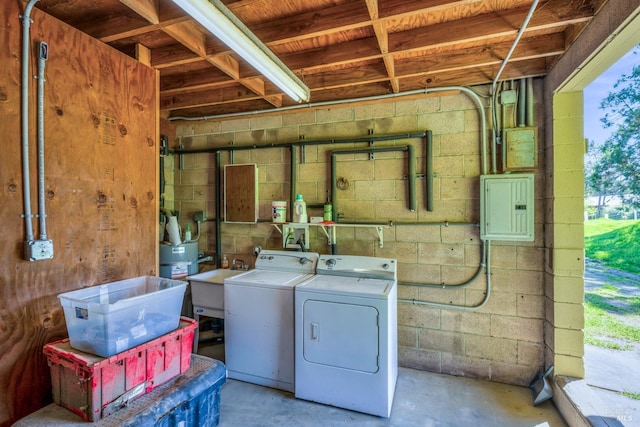 laundry area with concrete block wall, a sink, washing machine and dryer, and electric panel