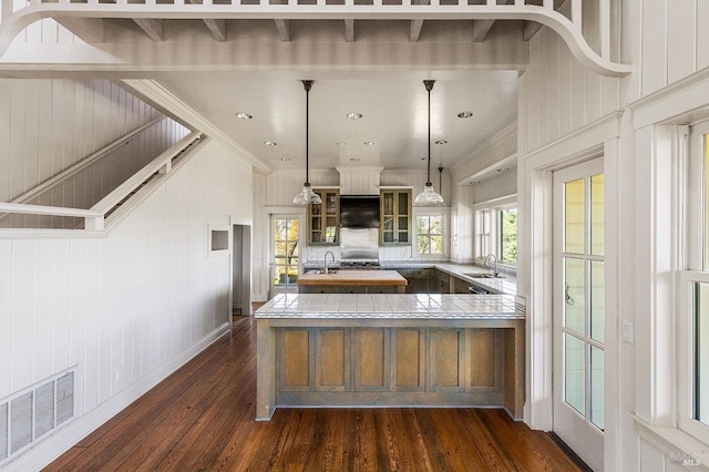 kitchen with pendant lighting, sink, dark hardwood / wood-style floors, and fume extractor