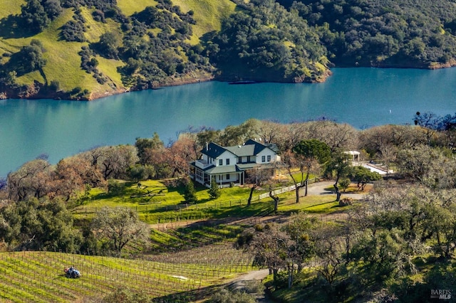 drone / aerial view with a rural view and a water view