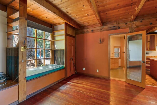 spare room with beam ceiling, wooden ceiling, and hardwood / wood-style flooring