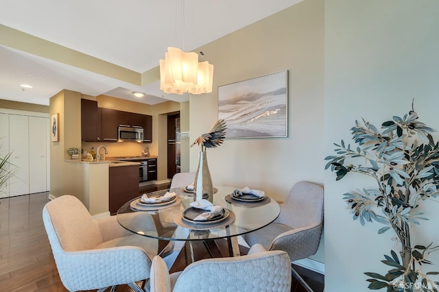 dining space with sink and dark hardwood / wood-style flooring