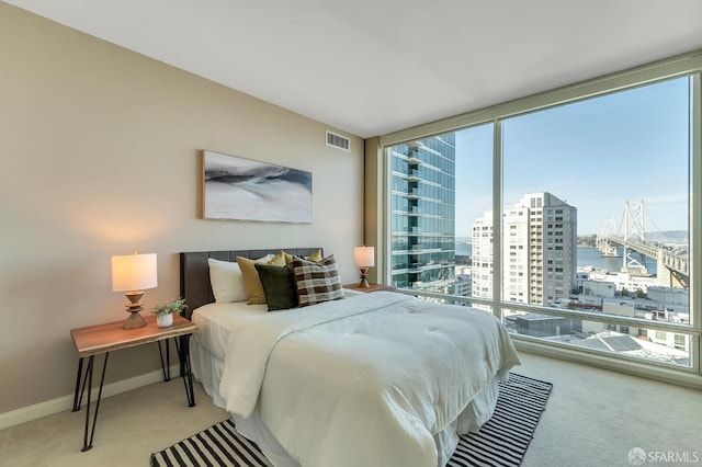 bedroom featuring carpet floors, expansive windows, and a water view