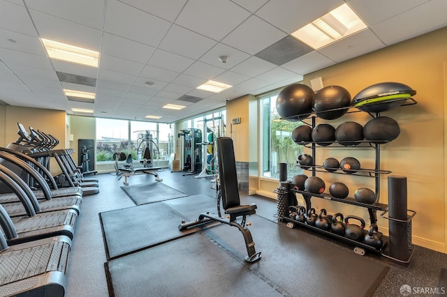 exercise room featuring a drop ceiling