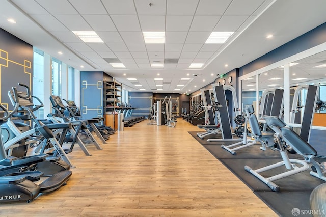 workout area featuring a paneled ceiling and light hardwood / wood-style flooring