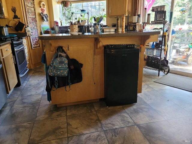 kitchen with a kitchen bar, fridge, and stainless steel gas stove