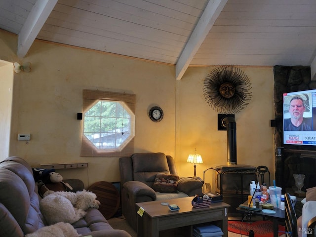 living room with wooden ceiling, lofted ceiling with beams, and a wood stove