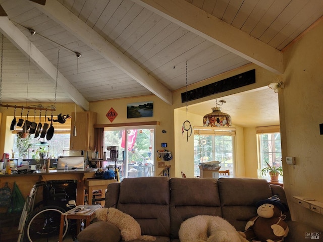 living room with beam ceiling