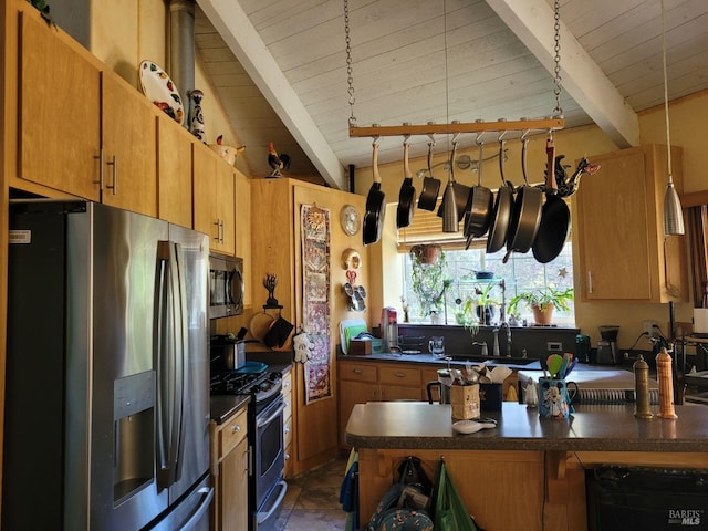 kitchen with sink, wooden ceiling, vaulted ceiling with beams, and stainless steel appliances