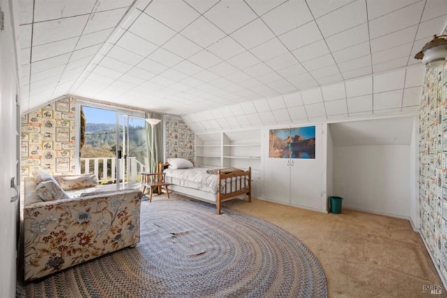 carpeted bedroom featuring vaulted ceiling