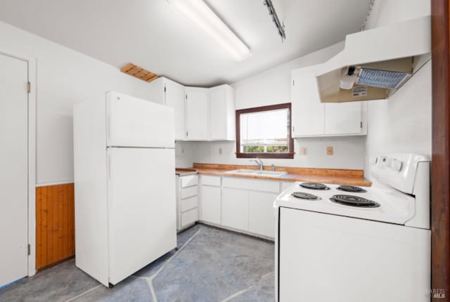 kitchen featuring extractor fan, white appliances, white cabinetry, and sink