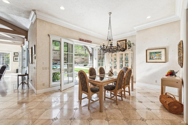 dining room with light tile flooring, french doors, crown molding, an inviting chandelier, and a textured ceiling