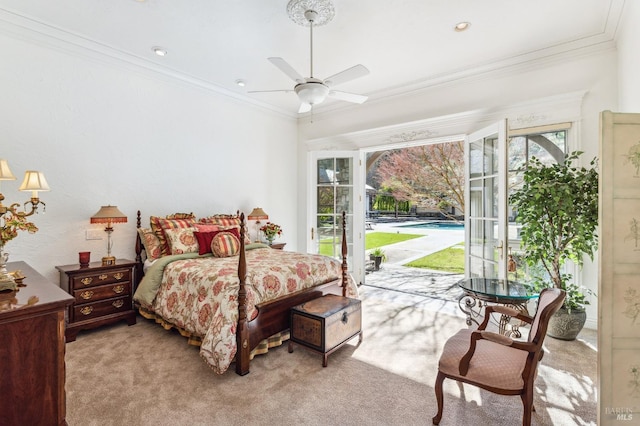 bedroom featuring ornamental molding, ceiling fan, access to exterior, and carpet floors