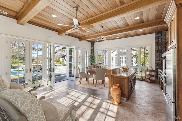 sunroom featuring wooden ceiling, french doors, ceiling fan, and beam ceiling