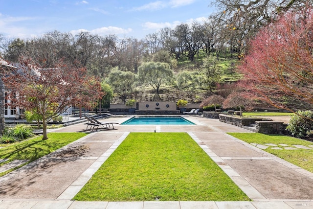 view of swimming pool with a lawn