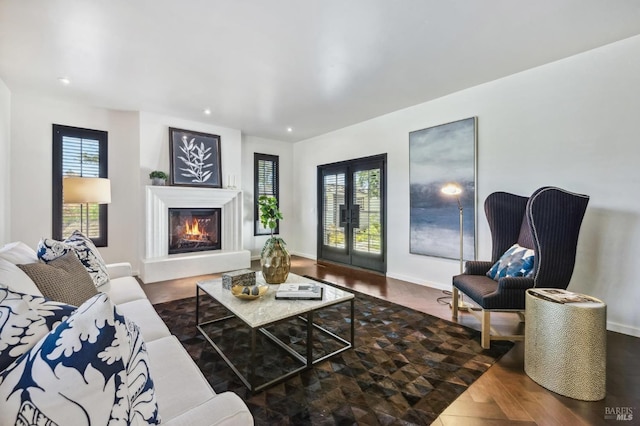 living room featuring french doors and hardwood / wood-style floors