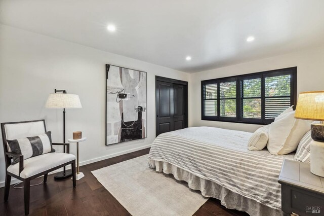 bedroom featuring dark hardwood / wood-style floors and a closet