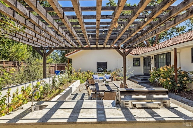 view of patio with an outdoor hangout area and a pergola