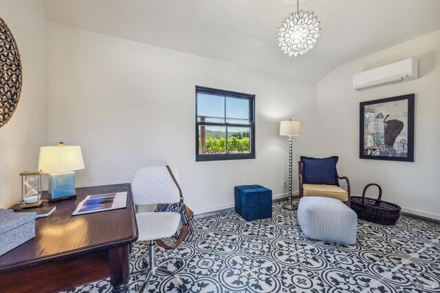 living area featuring lofted ceiling, a notable chandelier, and a wall mounted AC