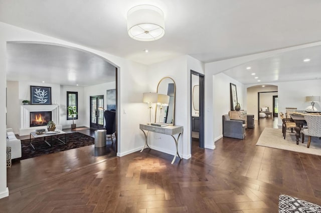 interior space featuring dark parquet floors