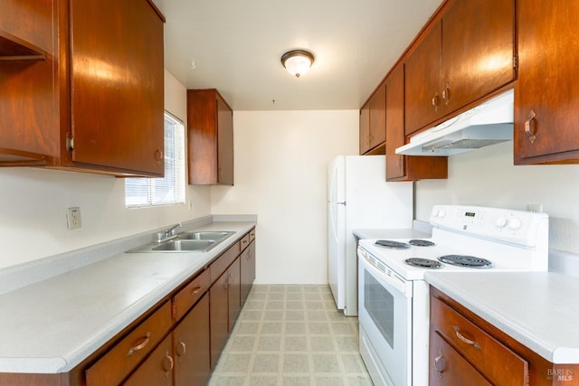 kitchen featuring white electric range oven and sink