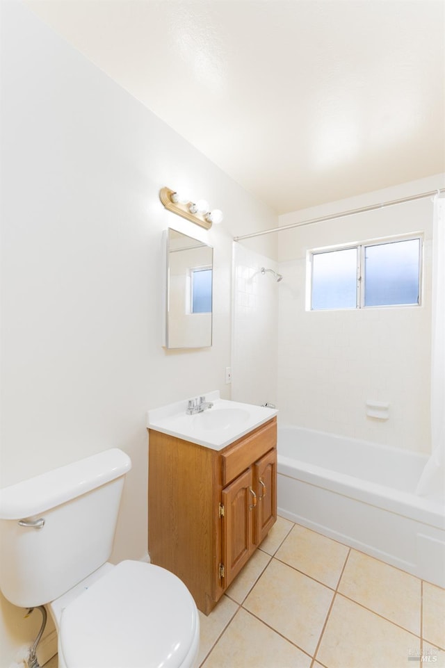 full bathroom featuring vanity, tile patterned floors, shower / bath combination with curtain, and toilet