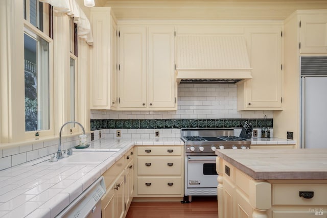 kitchen with premium range hood, backsplash, high quality appliances, sink, and dark hardwood / wood-style flooring