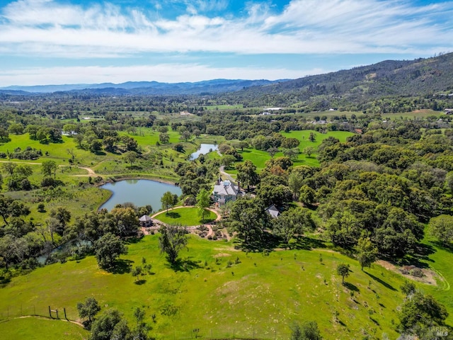 drone / aerial view with a water and mountain view