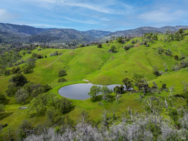 birds eye view of property with a water and mountain view