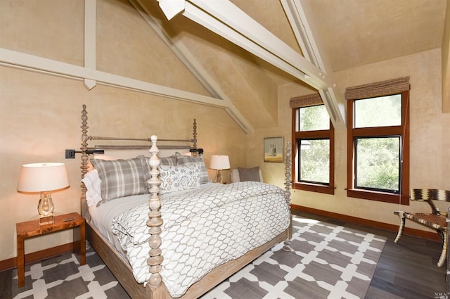 bedroom featuring dark hardwood / wood-style floors and vaulted ceiling