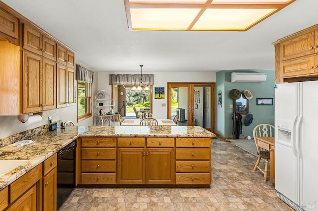 kitchen featuring white fridge with ice dispenser, light tile floors, and light stone countertops