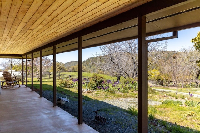 unfurnished sunroom featuring wooden ceiling