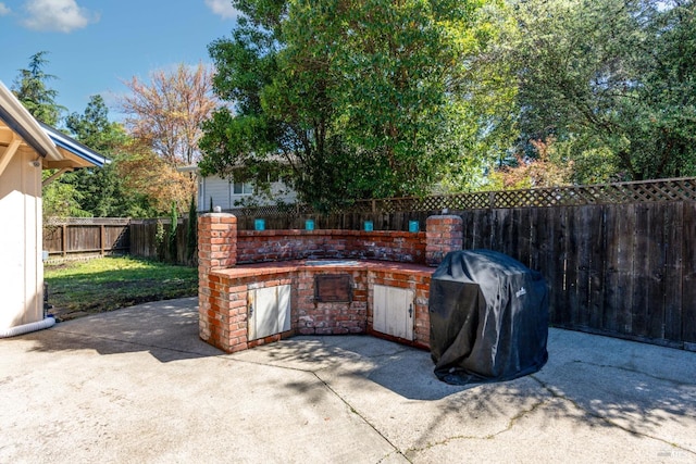 view of patio with grilling area and a fenced backyard