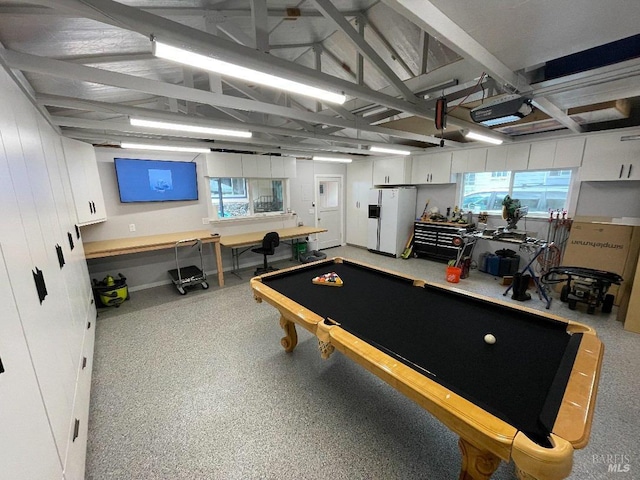 recreation room with pool table and vaulted ceiling