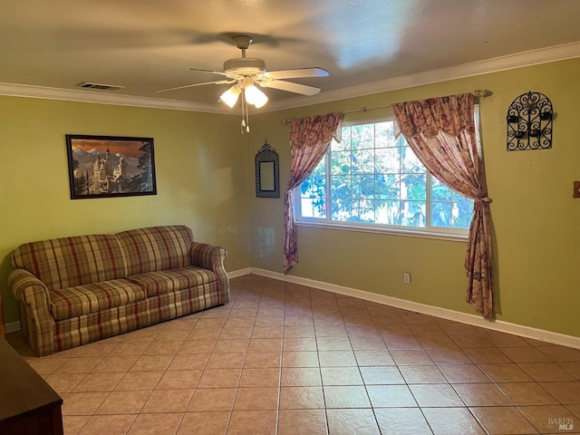 tiled living room with crown molding and ceiling fan