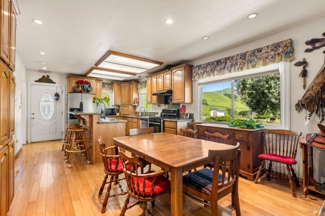 dining space featuring light hardwood / wood-style floors and sink