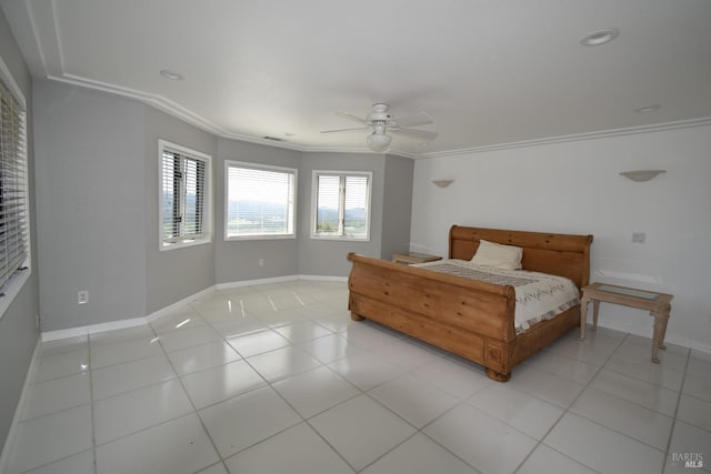 tiled bedroom with ceiling fan and crown molding