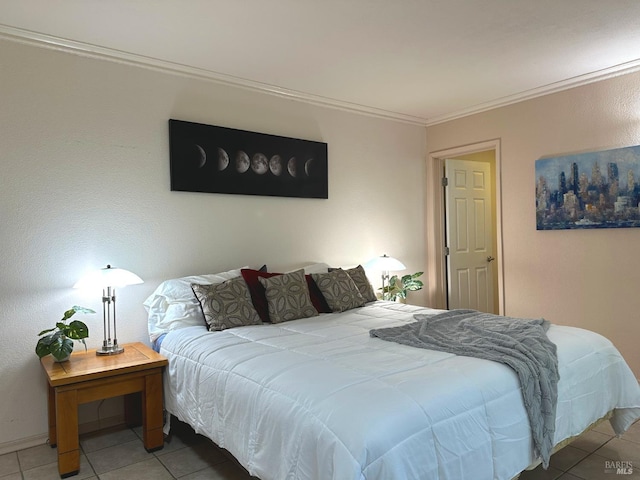 tiled bedroom featuring crown molding