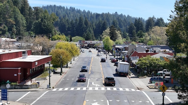 view of road featuring curbs, traffic signs, and sidewalks