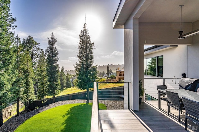 wooden terrace featuring a lawn