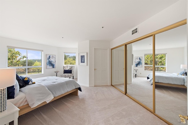 bedroom with carpet and a closet