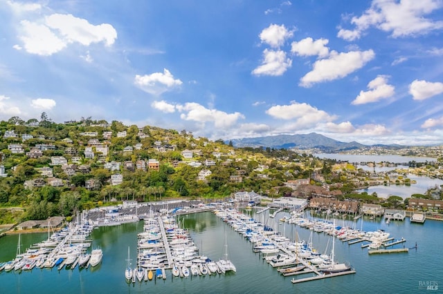 drone / aerial view featuring a water and mountain view