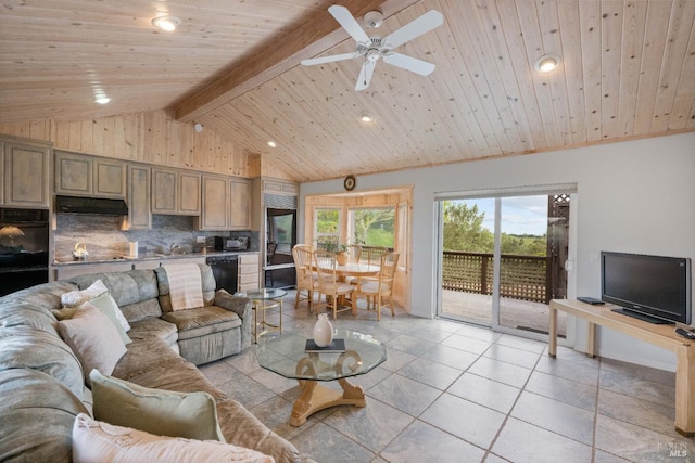 tiled living room with wooden ceiling, beam ceiling, ceiling fan, and high vaulted ceiling