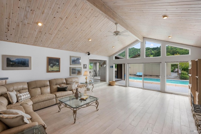 living room featuring high vaulted ceiling, light hardwood / wood-style flooring, wooden ceiling, beam ceiling, and ceiling fan